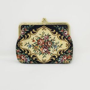 Vintage Multicolor Small Floral Rose Needlepoint Black & Cream Clutch Purse